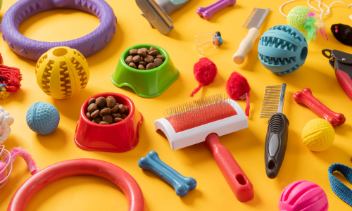 An image with a yellow background featuring various pet supplies arranged around it, including brushes, toys, food, bowls, bones, and more.